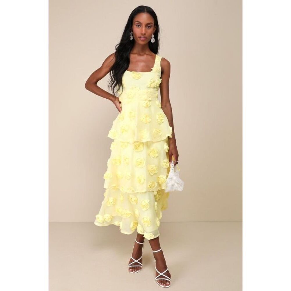NWT - Lulus Yellow Sleeveless Tiered Rosette Midi Dress Xxl